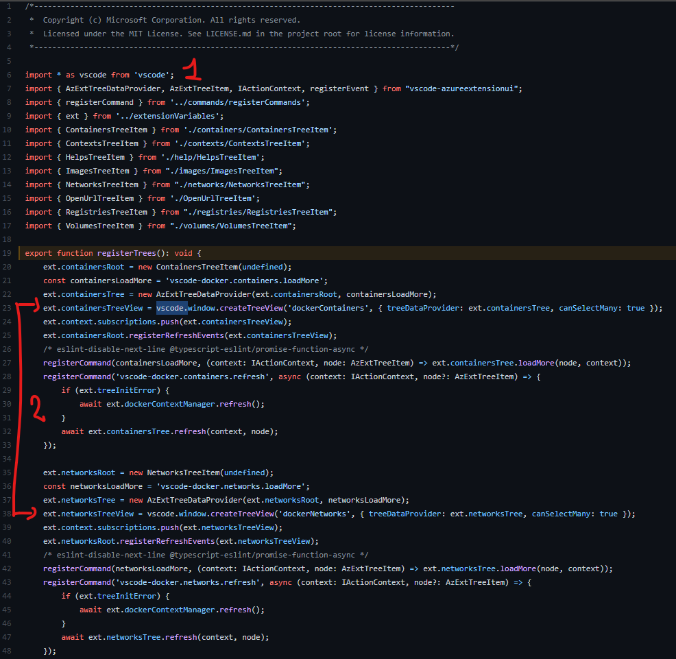 vscode docker register-trees.ts